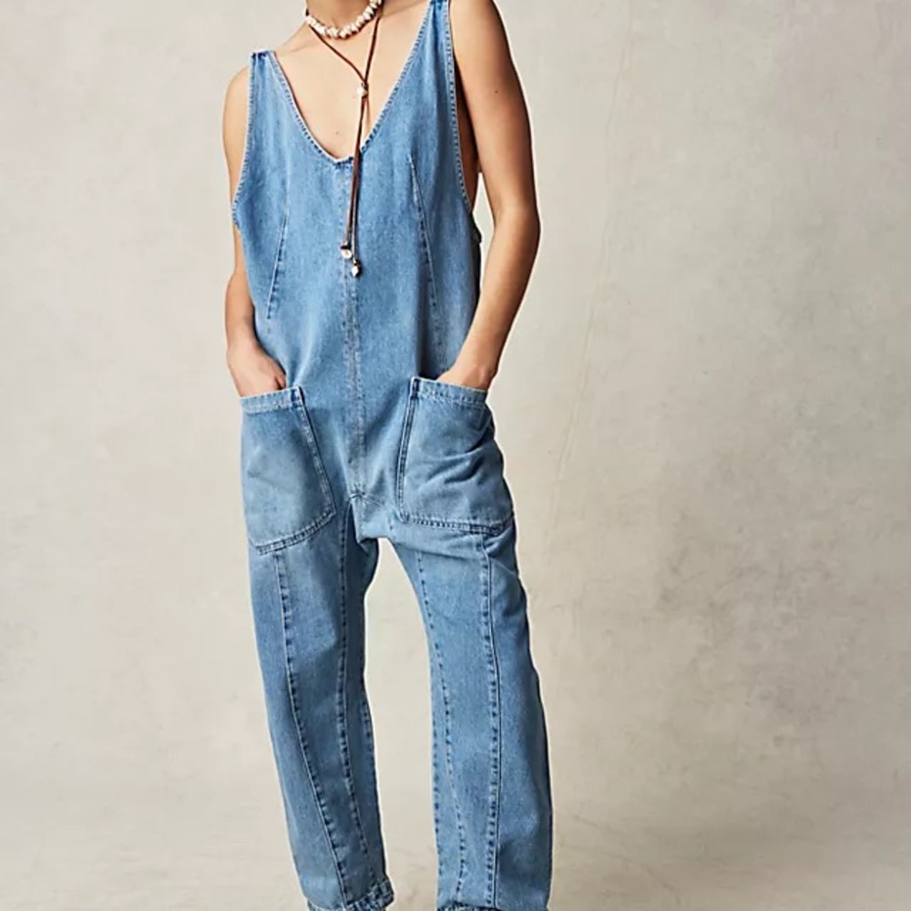 We The Free Light Blue Denim V-Neck Utility Jumpsuit